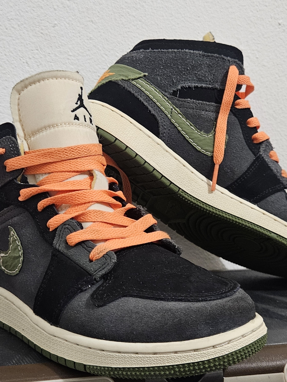 Nike Kids Black, Gray & Olive High-Top Sneakers with Orange Laces